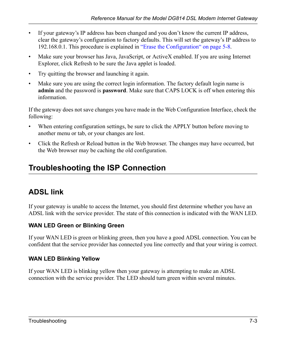 Troubleshooting the isp connection, Adsl link, Wan led blinking yellow | Troubleshooting the isp connection -3, Adsl link -3, Wan led blinking yellow -3 | NETGEAR DSL Modem Internet Gateway DG814 User Manual | Page 83 / 110