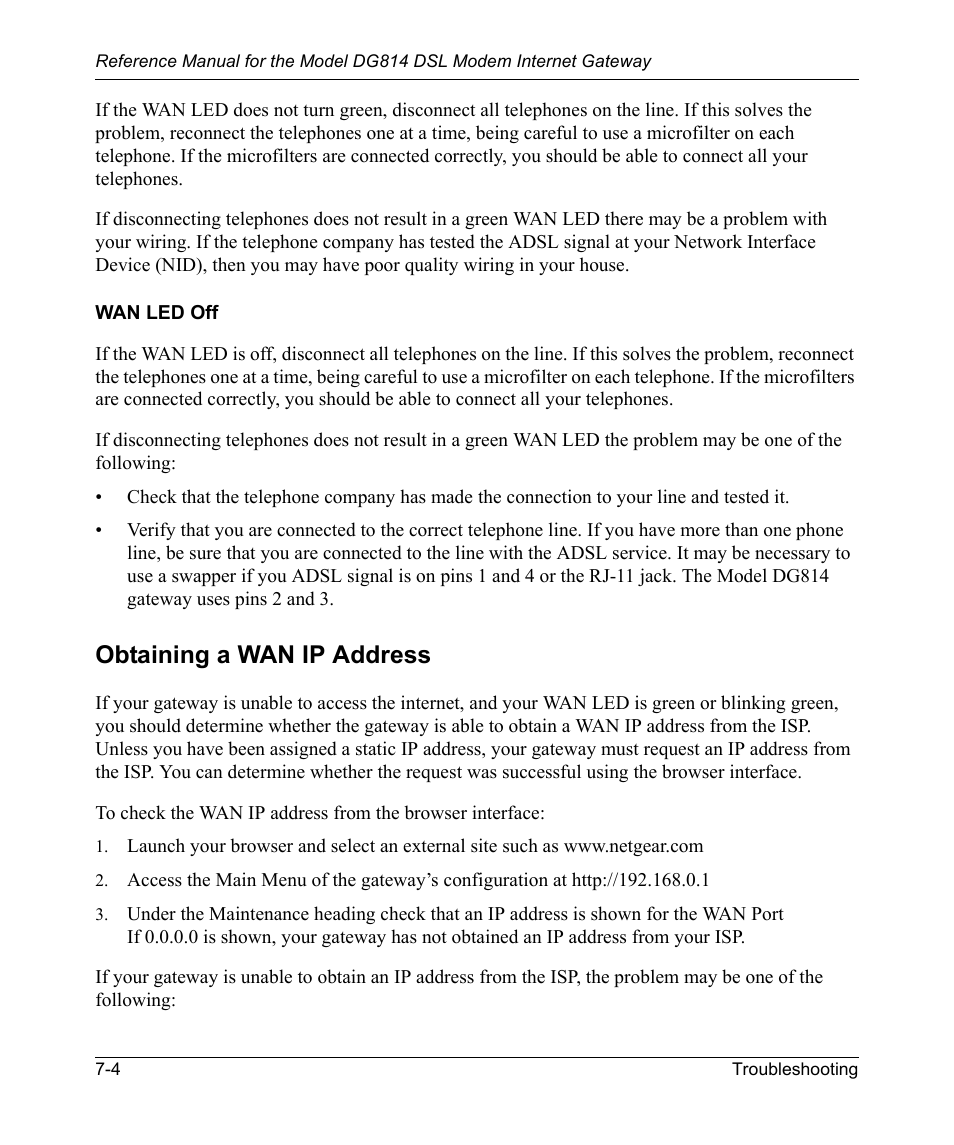 Wan led off, Obtaining a wan ip address, Wan led off -4 | Obtaining a wan ip address -4 | NETGEAR DSL Modem Internet Gateway DG814 User Manual | Page 84 / 110