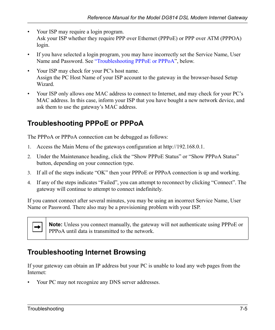 Troubleshooting pppoe or pppoa, Troubleshooting internet browsing | NETGEAR DSL Modem Internet Gateway DG814 User Manual | Page 85 / 110