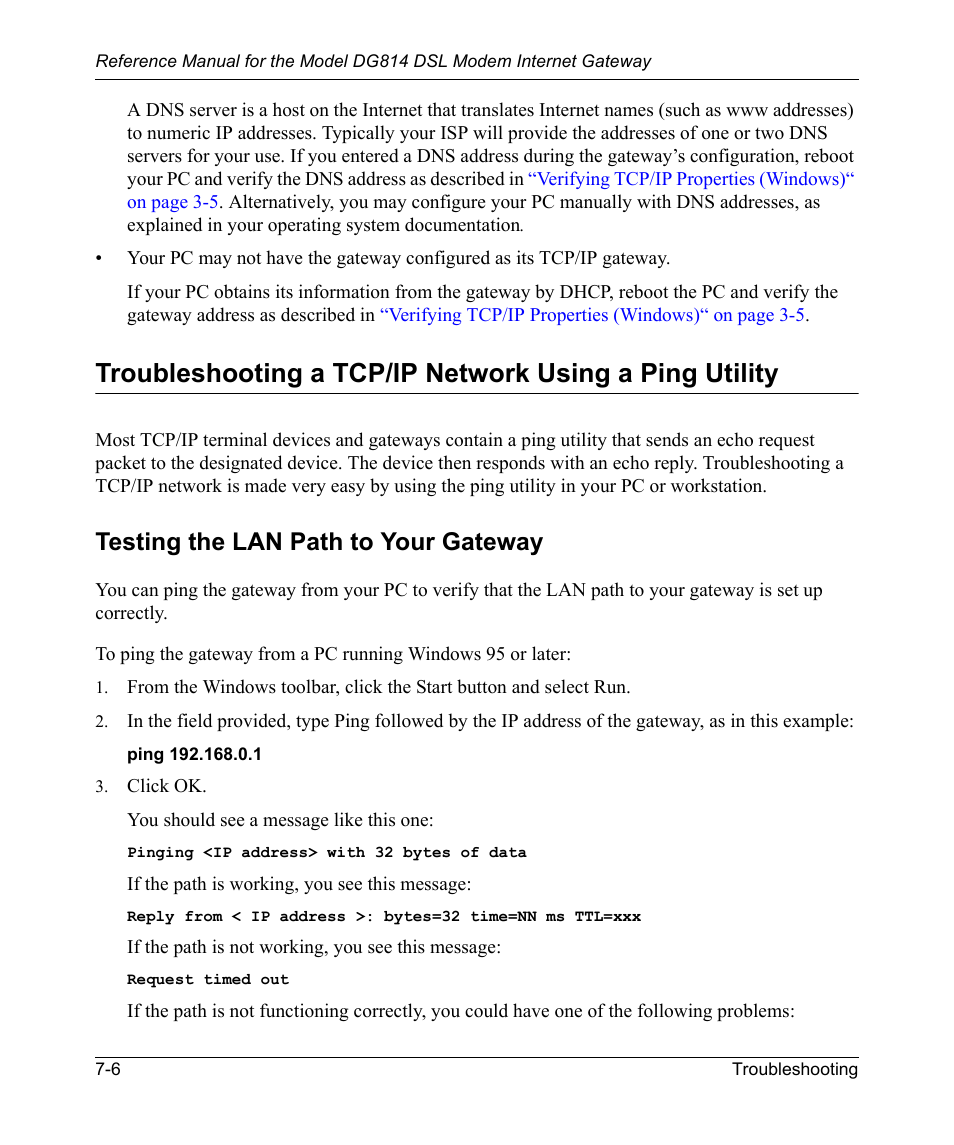 Testing the lan path to your gateway, Testing the lan path to your gateway -6 | NETGEAR DSL Modem Internet Gateway DG814 User Manual | Page 86 / 110
