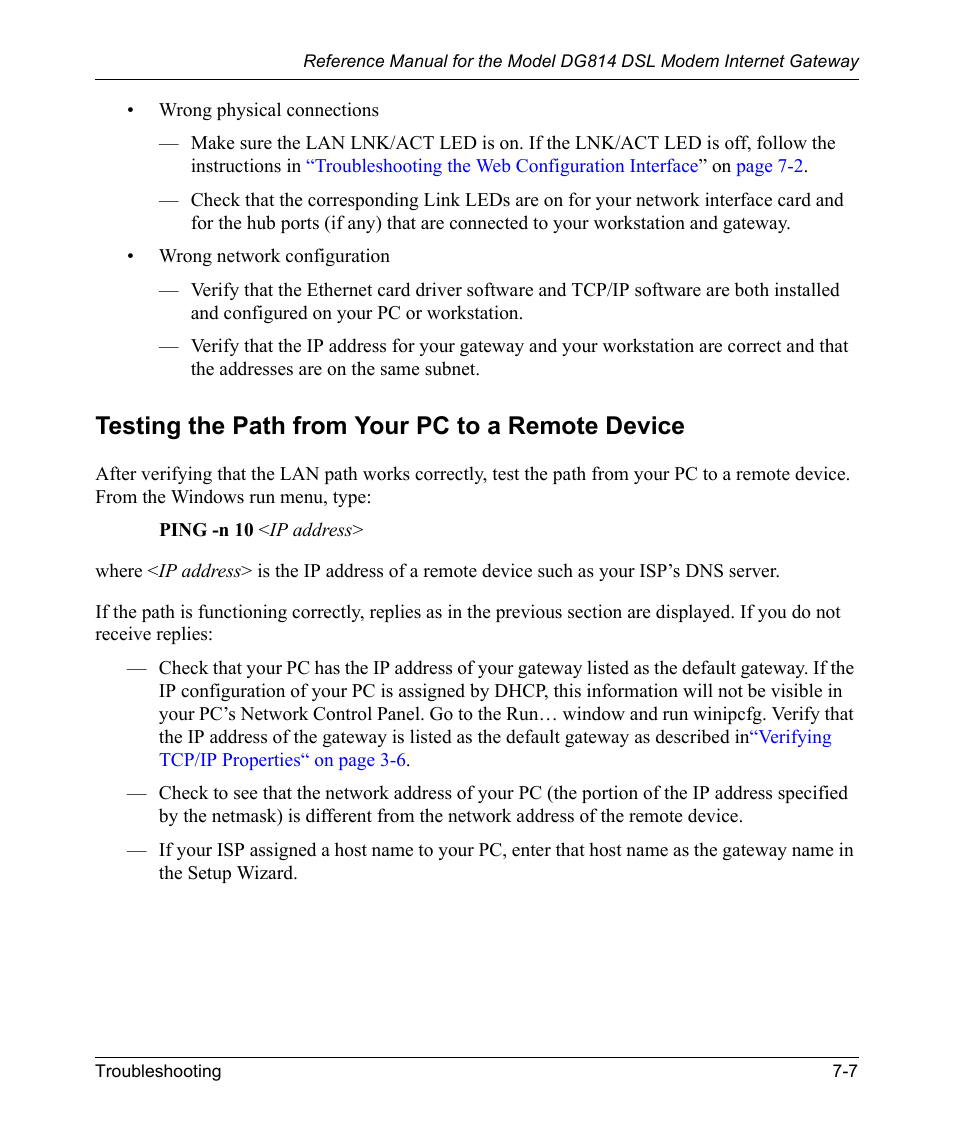 Testing the path from your pc to a remote device | NETGEAR DSL Modem Internet Gateway DG814 User Manual | Page 87 / 110