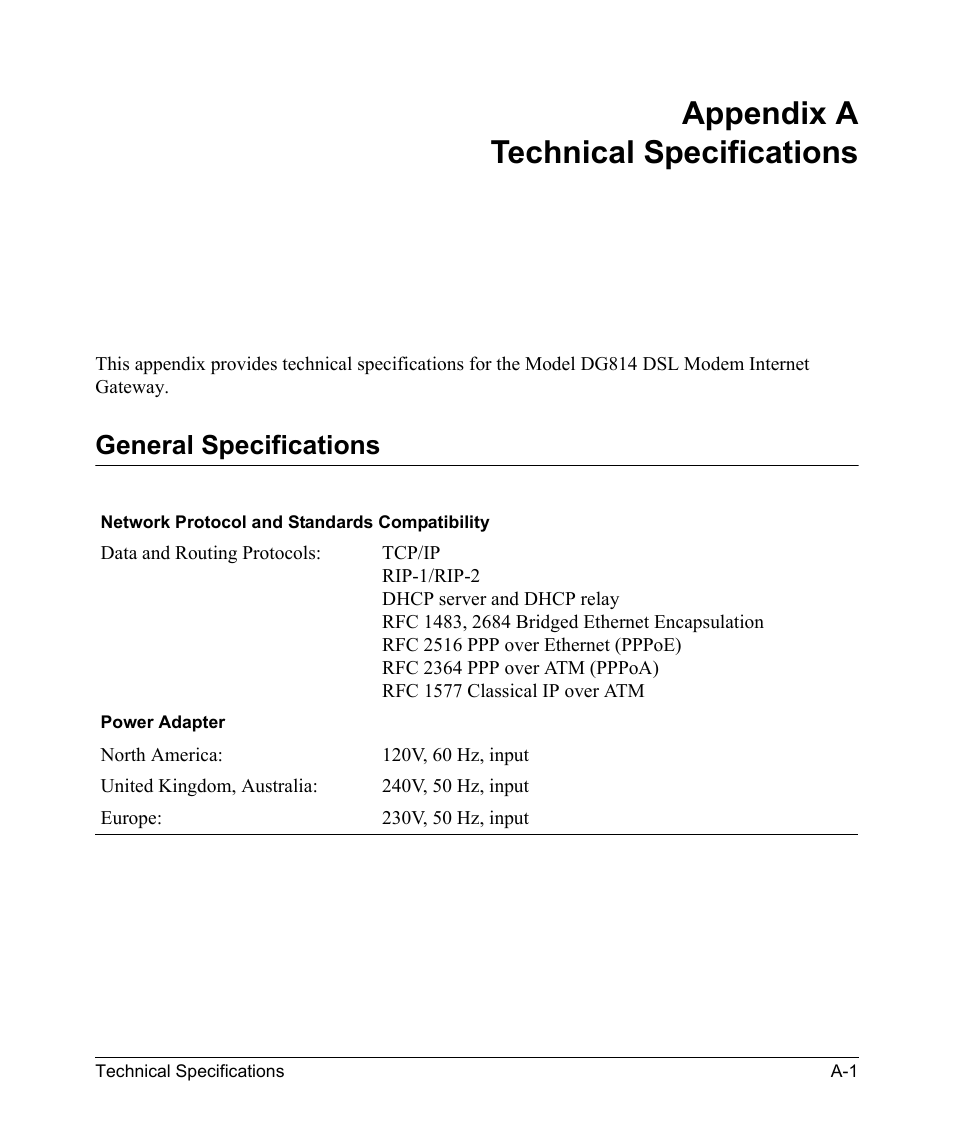 Appendix a technical specifications, General specifications, Appendix a | Technical specifications | NETGEAR DSL Modem Internet Gateway DG814 User Manual | Page 89 / 110