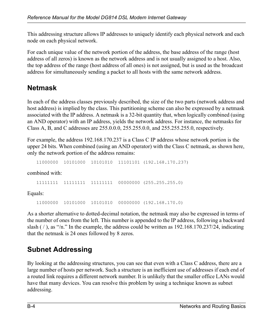 Netmask, Subnet addressing | NETGEAR DSL Modem Internet Gateway DG814 User Manual | Page 94 / 110