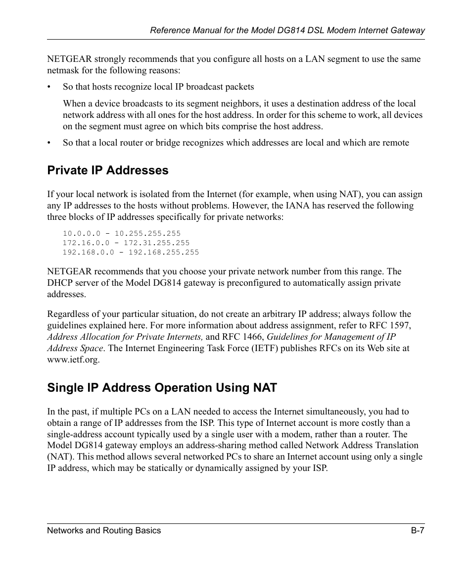 Private ip addresses, Single ip address operation using nat | NETGEAR DSL Modem Internet Gateway DG814 User Manual | Page 97 / 110