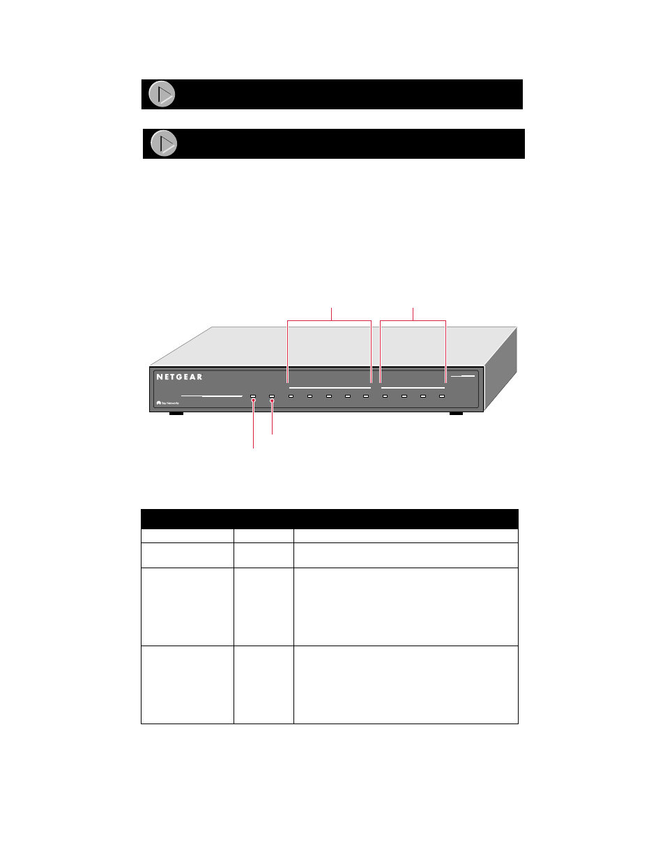 Start here, Product illustrations, Front panel of the router | Start here product illustrations, Model rm356 modem router installation guide, Front panel of the model rm356 modem router, Power led test led lan leds modem leds | NETGEAR RM356 User Manual | Page 2 / 11