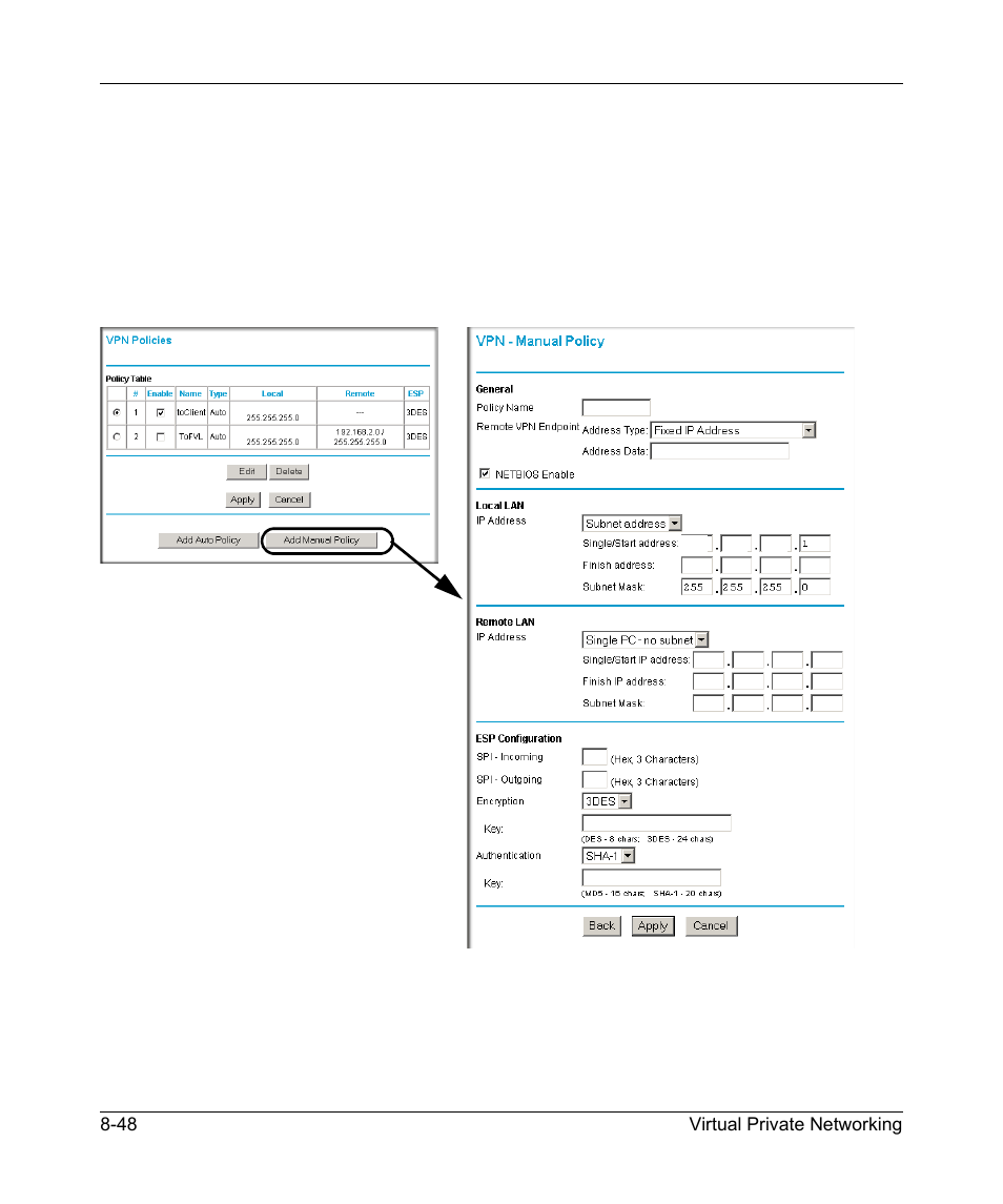 Using manual policy to configure vpn tunnels, Using manual policy to configure vpn tunnels -48, Manual | NETGEAR DG834GSP User Manual | Page 160 / 208