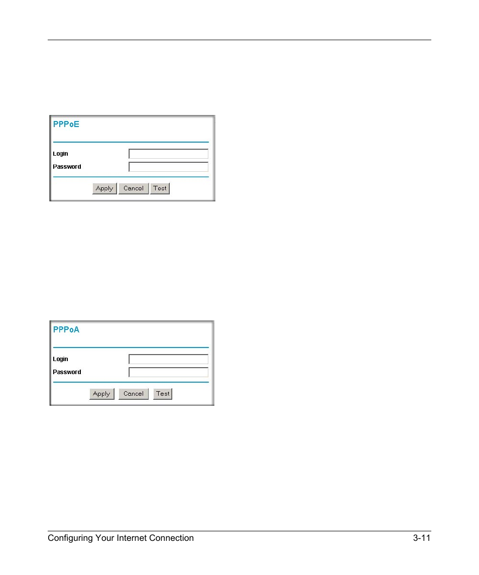 Wizard-detected pppoe login account setup, Wizard-detected pppoa login account setup | NETGEAR DG834GSP User Manual | Page 37 / 208