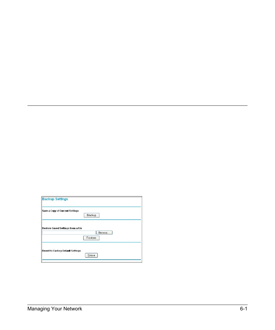 Chapter 6 managing your network, Backing up, restoring, or erasing your settings, How to back up the configuration to a file | Backing up, restoring, or erasing your settings -1, How to back up the configuration to a file -1 | NETGEAR DG834GSP User Manual | Page 79 / 208