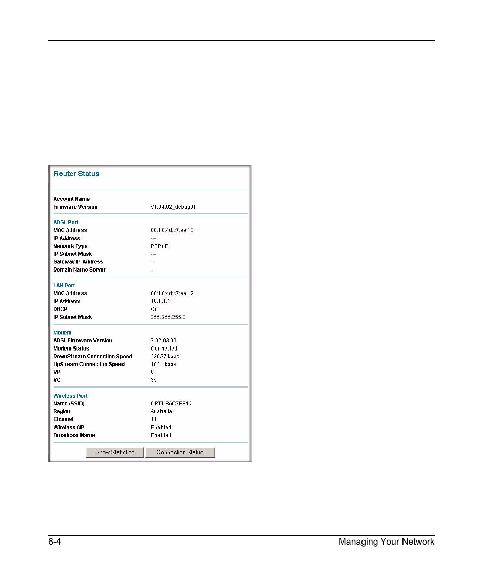 Network management information, Viewing modem router status and usage statistics, Network management information -4 | NETGEAR DG834GSP User Manual | Page 82 / 208