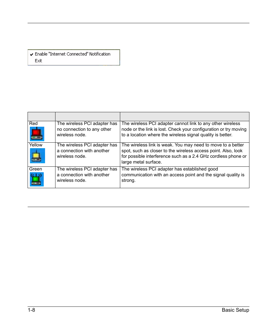 Wn311t icon colors, Removing the wn311t software, Wn311t icon colors -8 | Removing the wn311t software -8 | NETGEAR RangeMax Next Wireless PCI Adapter WN311T User Manual | Page 20 / 56