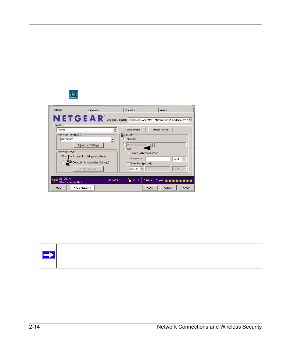 Setting up wep encryption security, Setting up wep encryption security -14 | NETGEAR RangeMax Next Wireless PCI Adapter WN311T User Manual | Page 36 / 56
