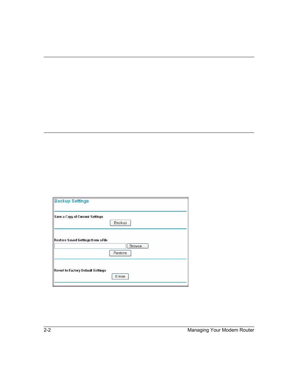 Backing up, restoring, or erasing your settings, Backing up the configuration to a file, Backing up, restoring, or erasing your settings -2 | Backing up the configuration to a file -2 | NETGEAR ADSL2+ Modem Router DM111PSPv2 User Manual | Page 24 / 88