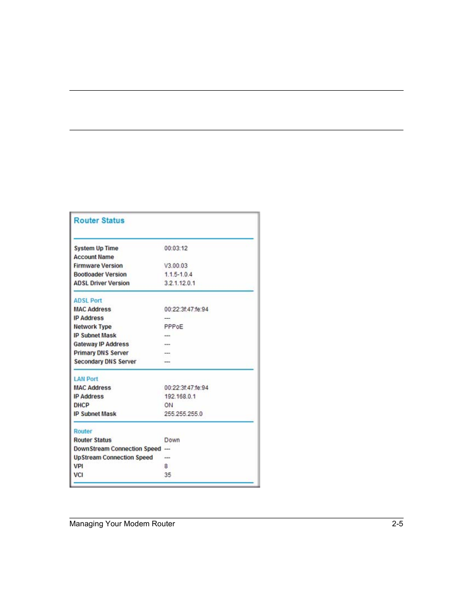 Network management information, Viewing the router status, Network management information -5 | Viewing the router status -5 | NETGEAR ADSL2+ Modem Router DM111PSPv2 User Manual | Page 27 / 88