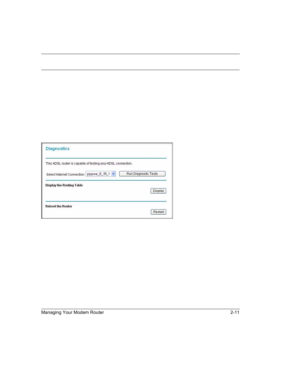 Running diagnostics tests, Running diagnostics tests -11 | NETGEAR ADSL2+ Modem Router DM111PSPv2 User Manual | Page 33 / 88