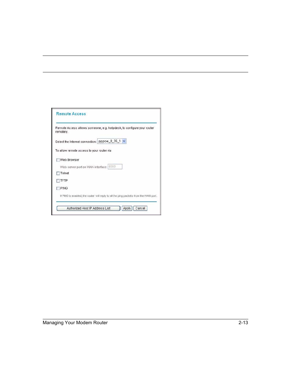 Remote access, Remote access -13 | NETGEAR ADSL2+ Modem Router DM111PSPv2 User Manual | Page 35 / 88