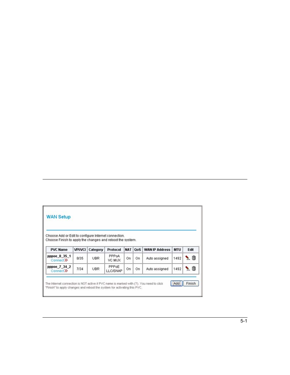 Chapter 5 advanced wan configuration, Wan setup, Chapter 5 | Advanced wan configuration, Wan setup -1, Chapter 5, “advanced wan configuration | NETGEAR ADSL2+ Modem Router DM111PSPv2 User Manual | Page 59 / 88