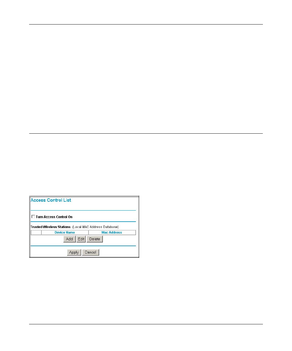 Wireless card access (restricting by mac address), Figure 4-8: wireless access control list screen | NETGEAR WPN802 User Manual | Page 40 / 88