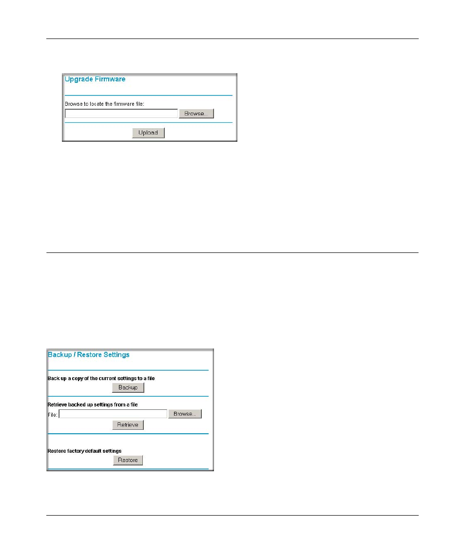 Figure 5-2: upgrade firmware dialog box, Backing up settings or restoring settings, Figure 5-3: backup/restore settings dialog box | Backing up settings or restoring settings -3 | NETGEAR WPN802 User Manual | Page 45 / 88