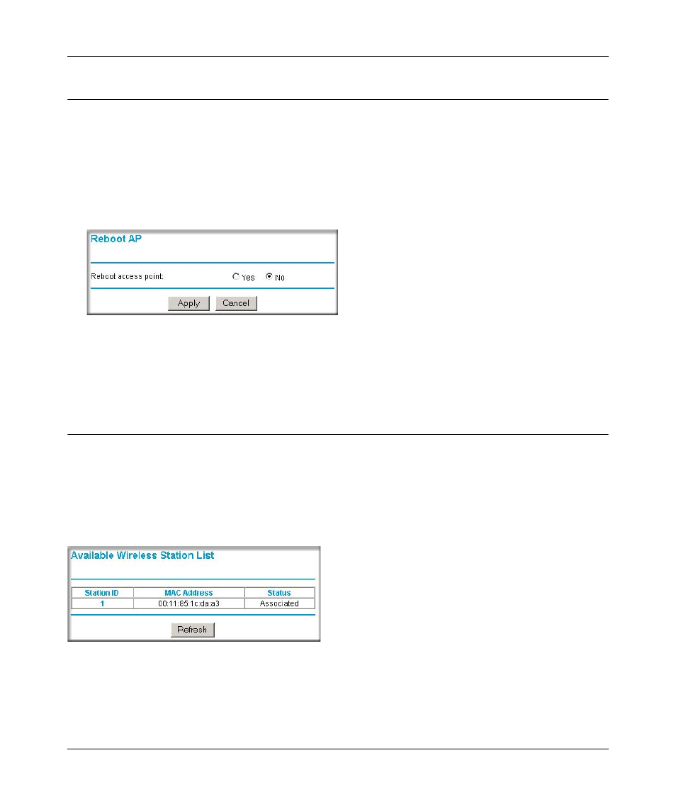 Rebooting the wpn802 access point, Figure 5-4: reboot ap dialog box, Select yes, and then click apply | Viewing a list of available wireless stations, Figure 5-5: available wireless station list, Rebooting the wpn802 access point -5, Viewing a list of available wireless stations -5 | NETGEAR WPN802 User Manual | Page 47 / 88