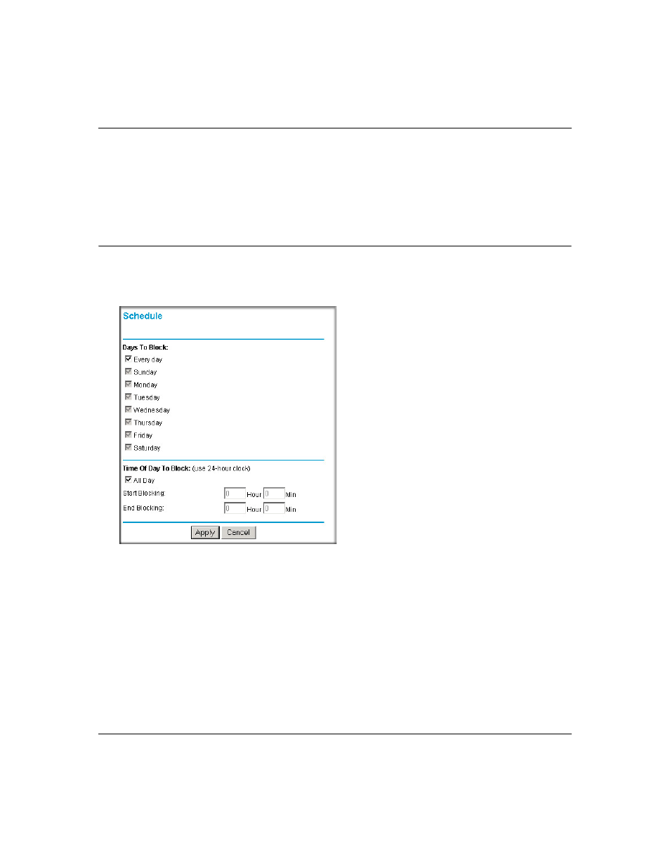 Configuring services blocking by ip address range, Scheduling when blocking will be enforced, Scheduling when blocking will be enforced -5 | NETGEAR MR814 v3 User Manual | Page 59 / 162