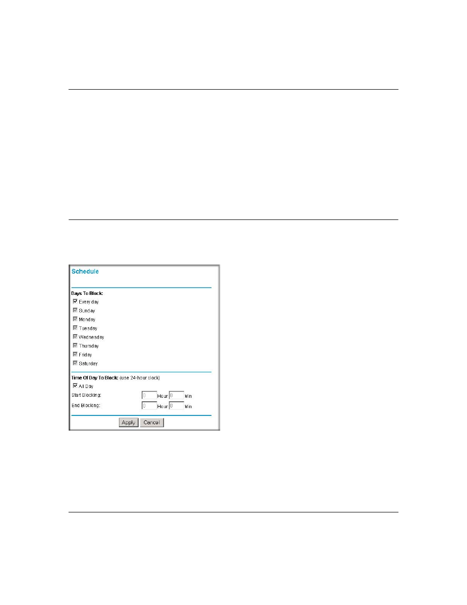 Scheduling when blocking will be enforced, Scheduling when blocking will be enforced -4 | NETGEAR 108 MBPS WIRELESS WGT624 V3 User Manual | Page 38 / 148