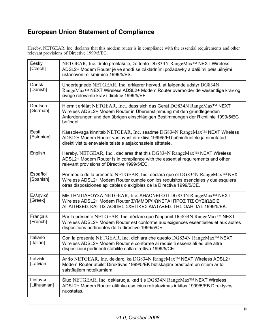 European union statement of compliance | NETGEAR NEXT DG834N User Manual | Page 3 / 6
