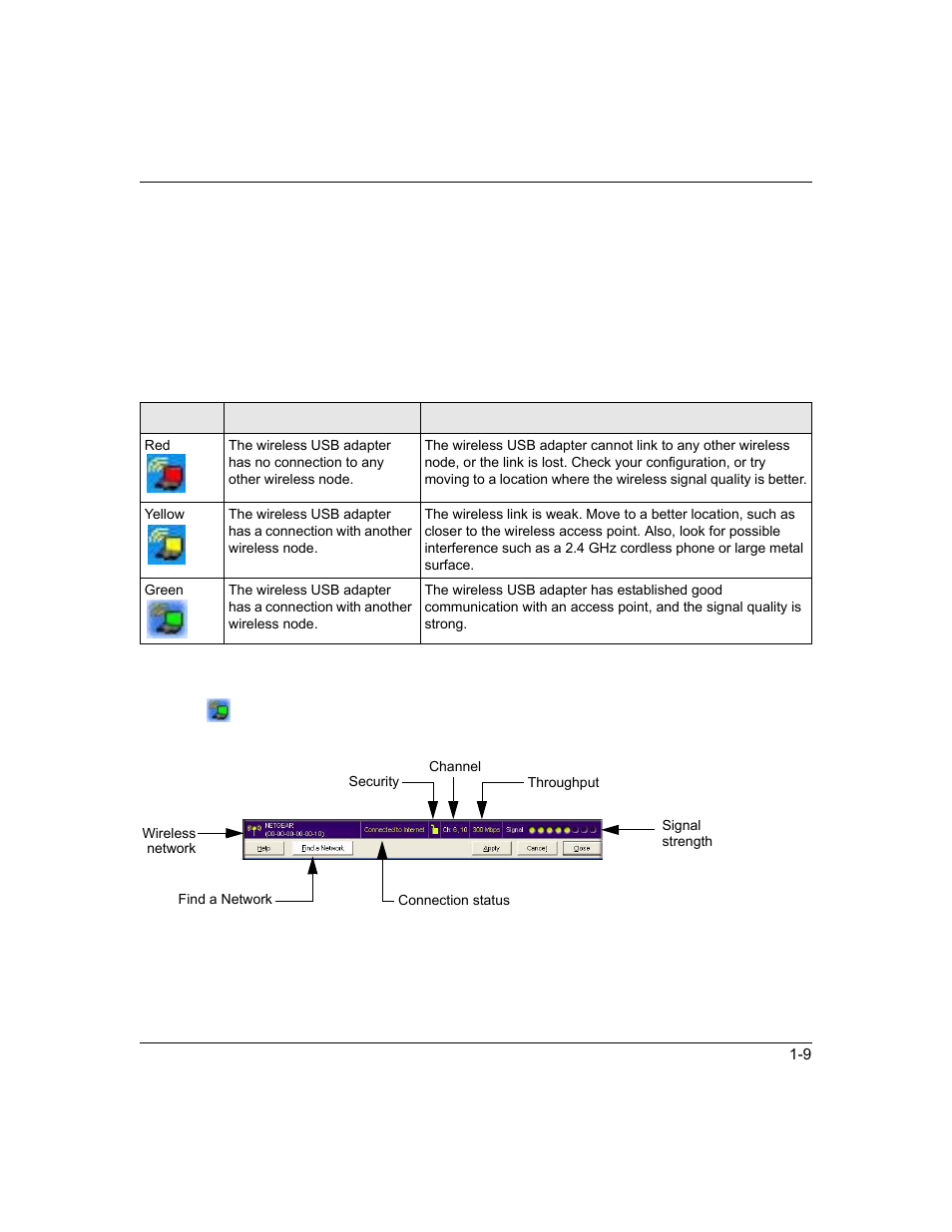 Wnda3100 icon colors, Smart wizard status bar, Wnda3100 icon colors smart wizard status bar | Smart wizard status bar” on, Connection. see | NETGEAR WNDA3100 User Manual | Page 21 / 58