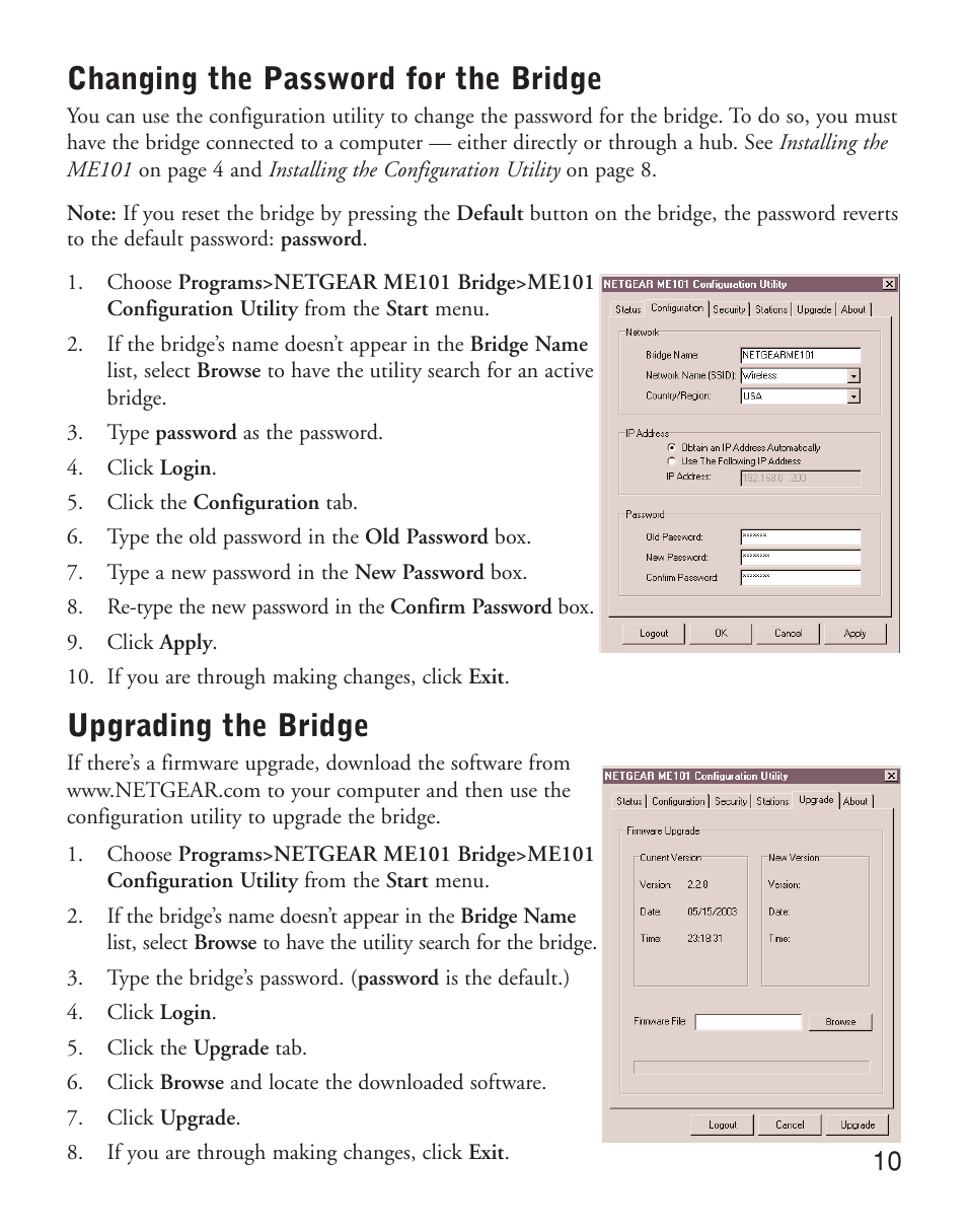 Changing the password for the bridge, Upgrading the bridge | NETGEAR ME101 User Manual | Page 12 / 25