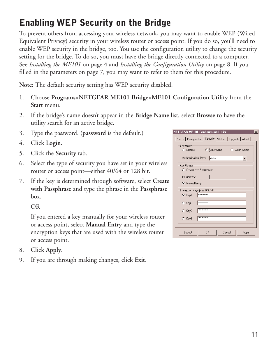 Enabling wep security on the bridge | NETGEAR ME101 User Manual | Page 13 / 25