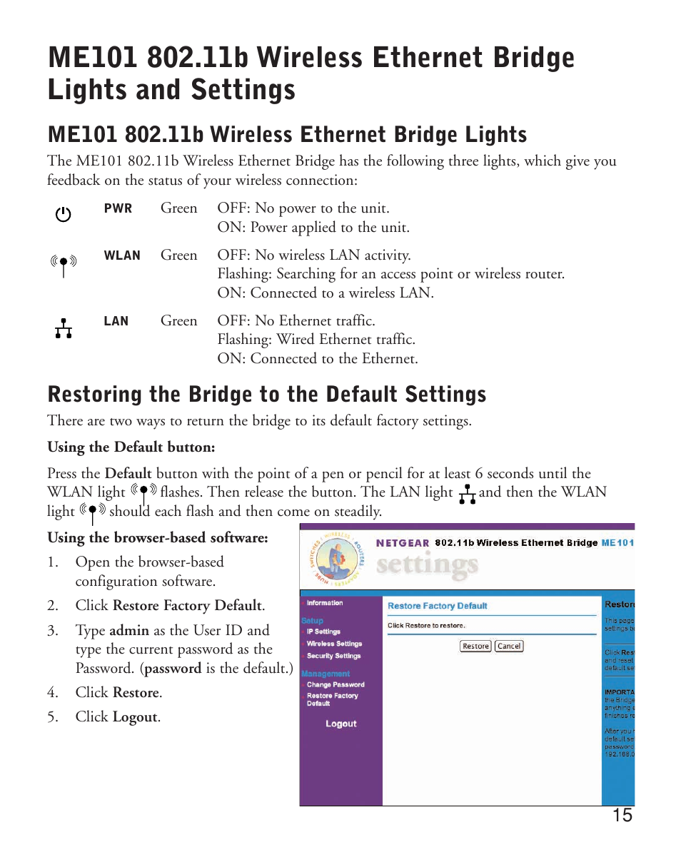 Restoring the bridge to the default settings | NETGEAR ME101 User Manual | Page 17 / 25