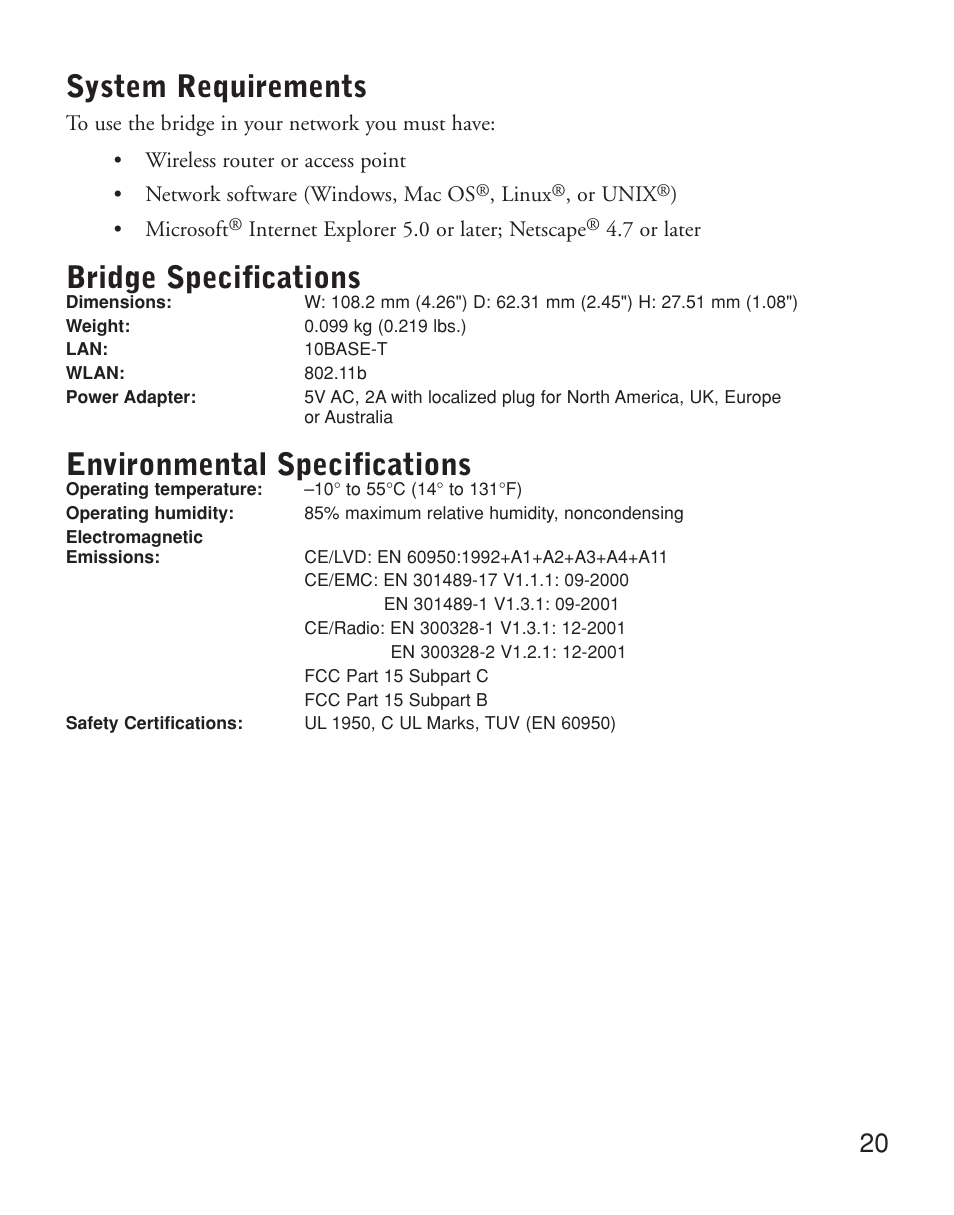 System requirements, Bridge specifications, Environmental specifications | NETGEAR ME101 User Manual | Page 22 / 25