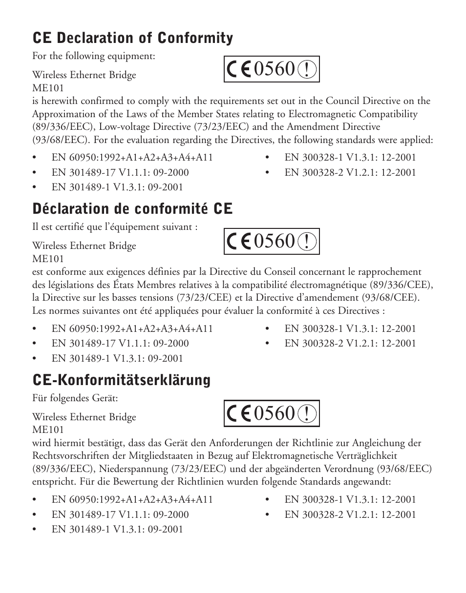 Ce declaration of conformity, Déclaration de conformité ce, Ce-konformitätserklärung | NETGEAR ME101 User Manual | Page 23 / 25