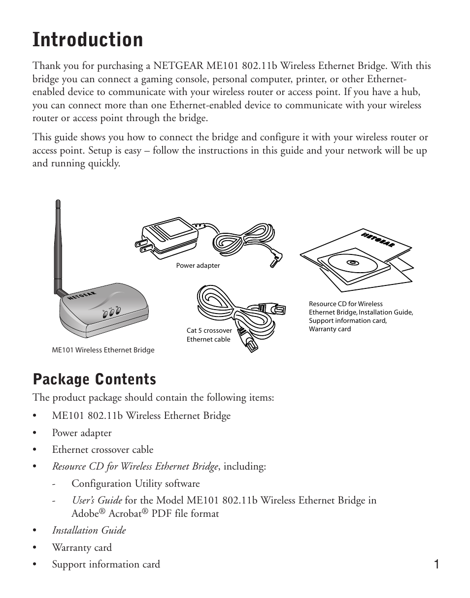 Introduction, Package contents | NETGEAR ME101 User Manual | Page 3 / 25