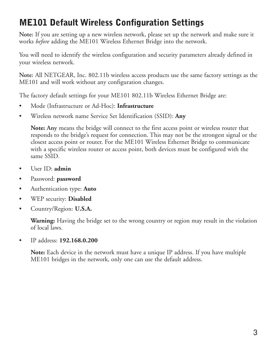Me101 default wireless configuration settings | NETGEAR ME101 User Manual | Page 5 / 25