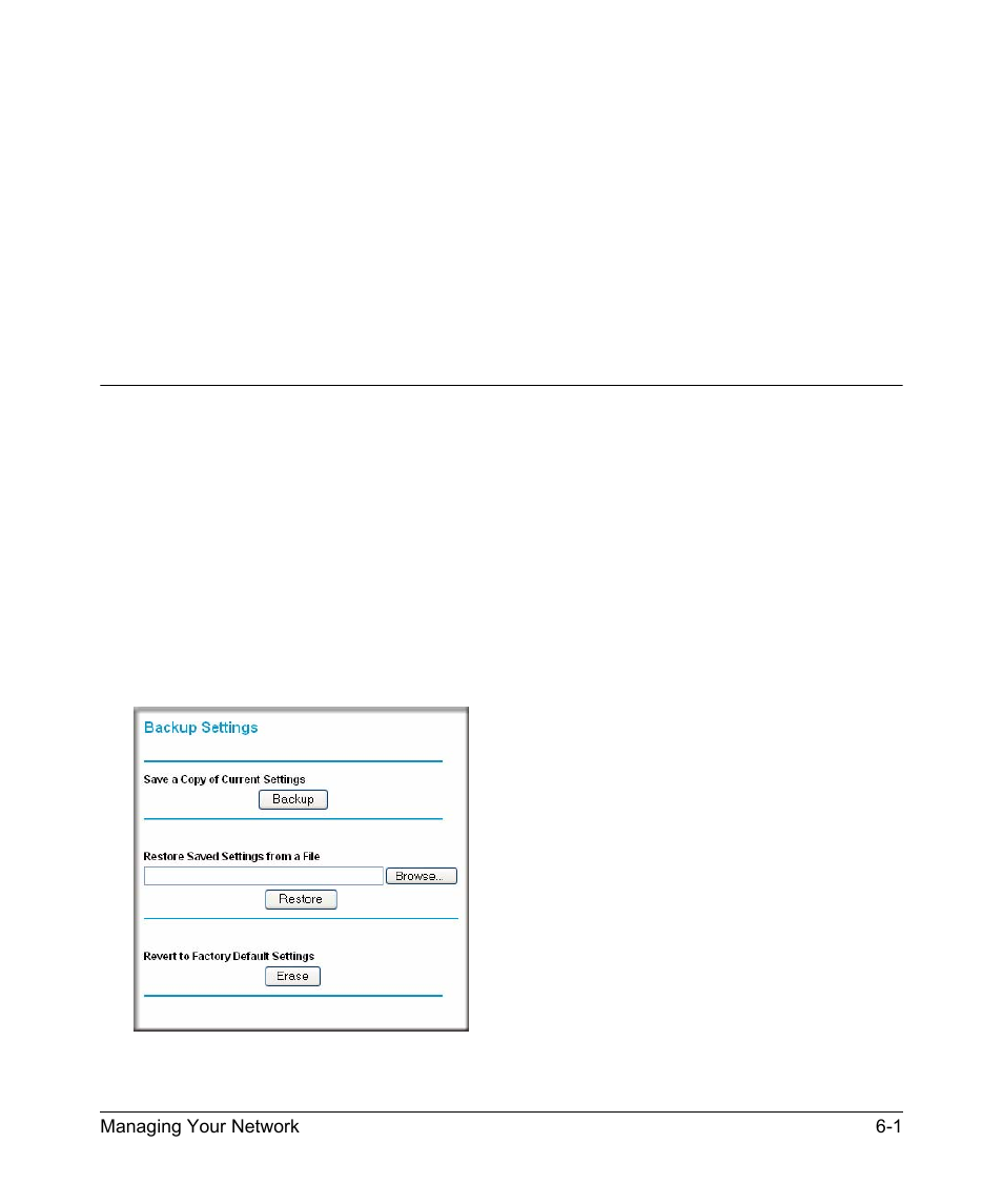 Chapter 6 managing your network, Backing up, restoring, or erasing your settings, How to back up the configuration to a file | Backing up, restoring, or erasing your settings -1, How to back up the configuration to a file -1 | NETGEAR DG834GV v2 User Manual | Page 59 / 106