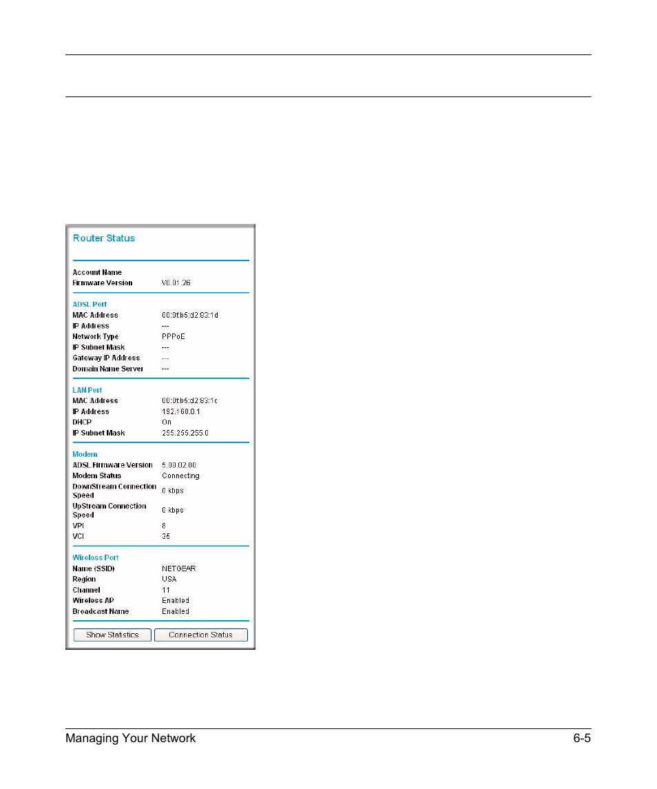 Network management information, Viewing modem router status and usage statistics, Network management information -5 | NETGEAR DG834GV v2 User Manual | Page 63 / 106
