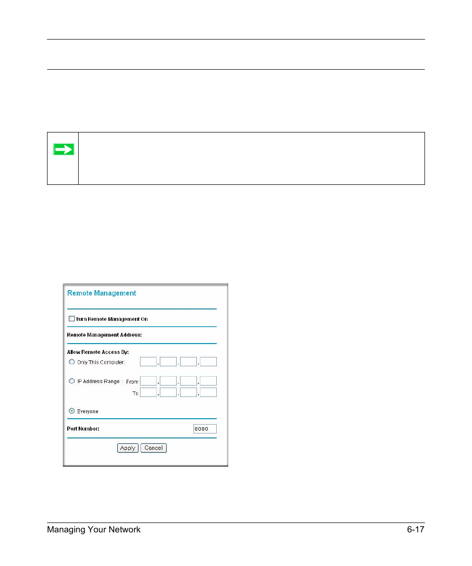 Enabling remote management, Configuring remote management, Enabling remote management -17 | Configuring remote management -17 | NETGEAR DG834GV v2 User Manual | Page 75 / 106