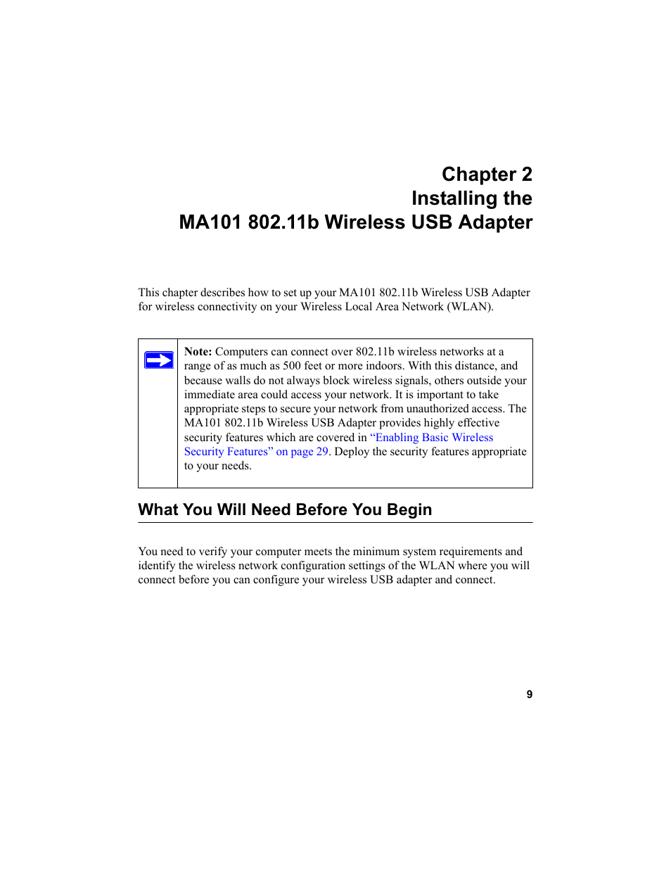 What you will need before you begin, Ter. see, What you will need | For the minimum system re, Chapter 2, Installing the ma101 802.11b wireless usb adapter | NETGEAR MA101 User Manual | Page 15 / 67