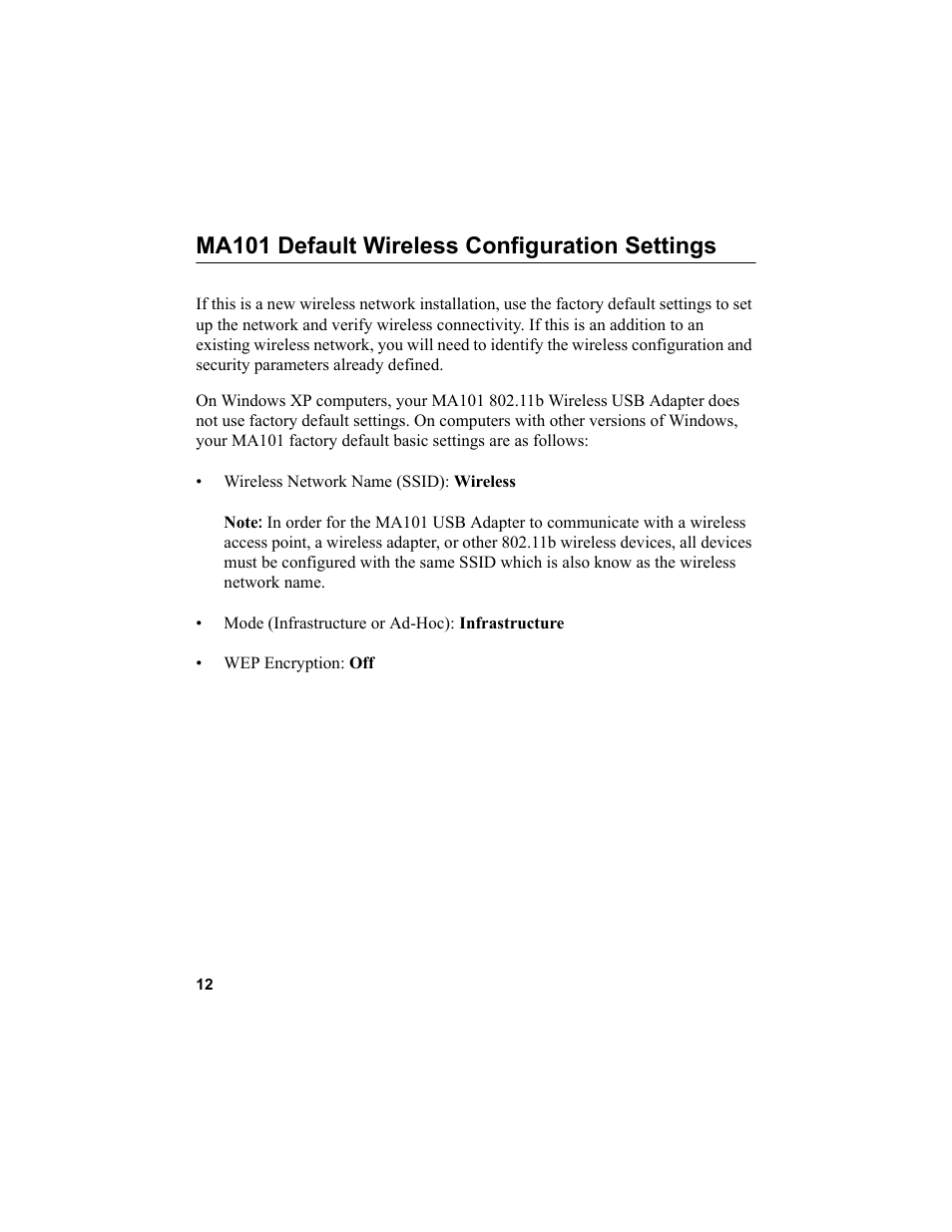 Ma101 default wireless configuration settings | NETGEAR MA101 User Manual | Page 18 / 67