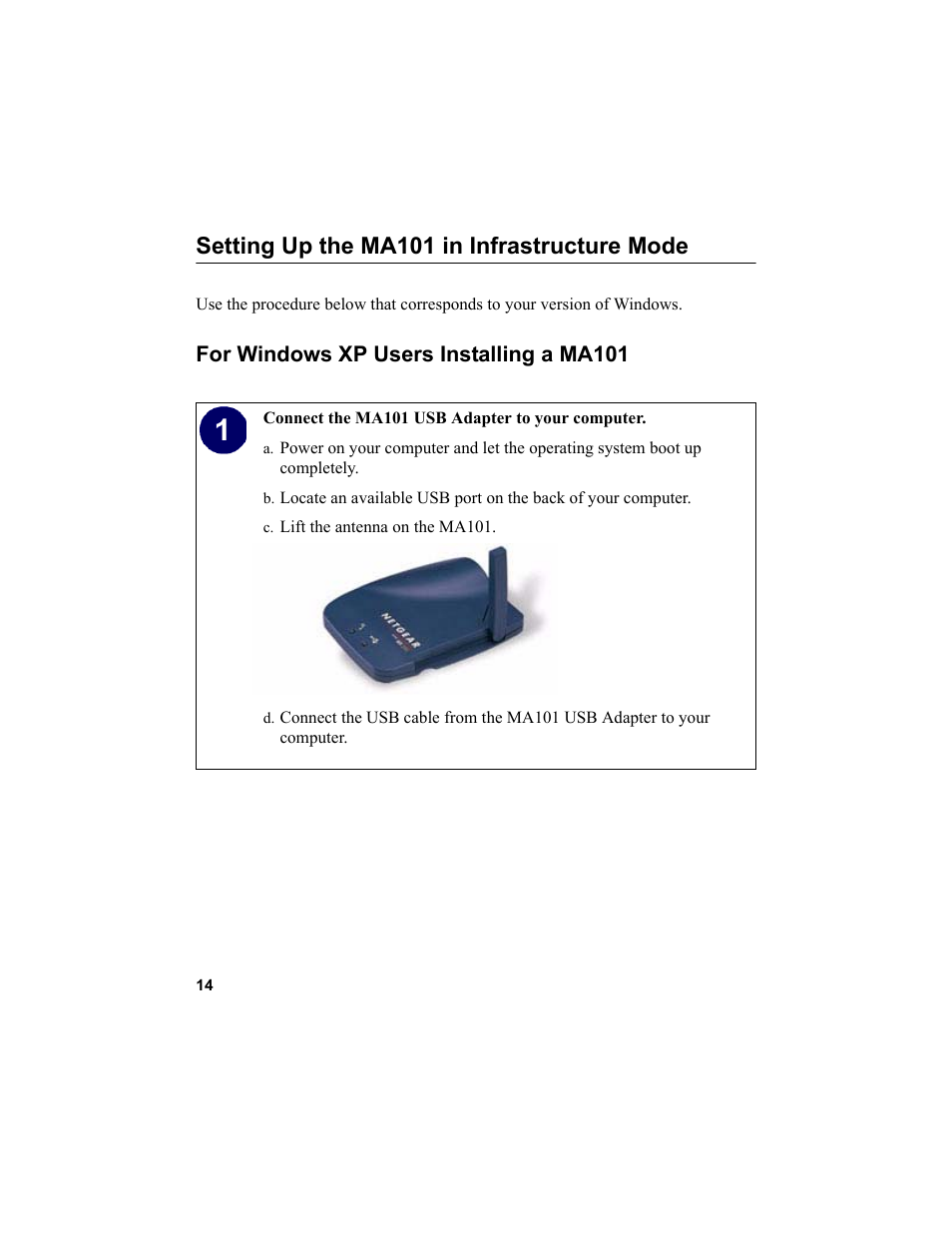 Setting up the ma101 in infrastructure mode, For windows xp users installing a ma101, C. lift the antenna on the ma101 | Setting | NETGEAR MA101 User Manual | Page 20 / 67