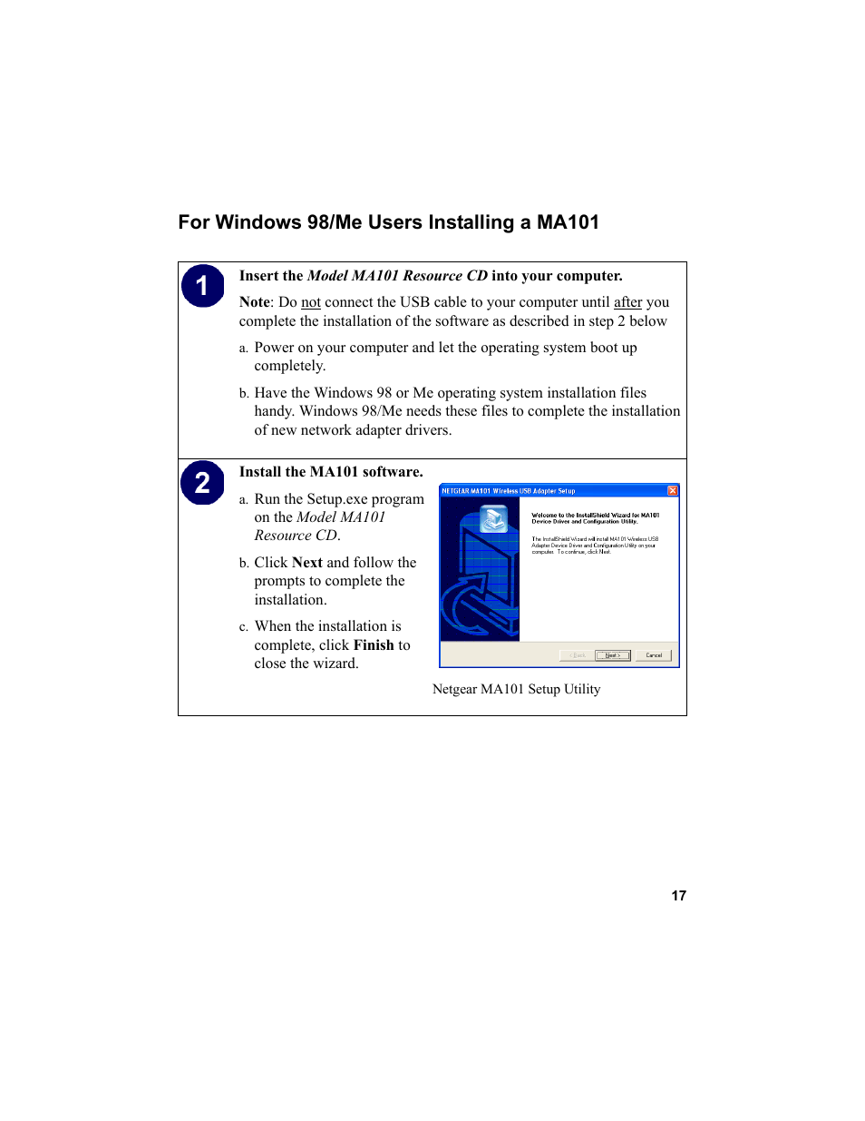 For windows 98/me users installing a ma101 | NETGEAR MA101 User Manual | Page 23 / 67