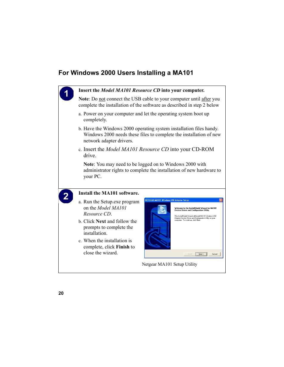 For windows 2000 users installing a ma101 | NETGEAR MA101 User Manual | Page 26 / 67