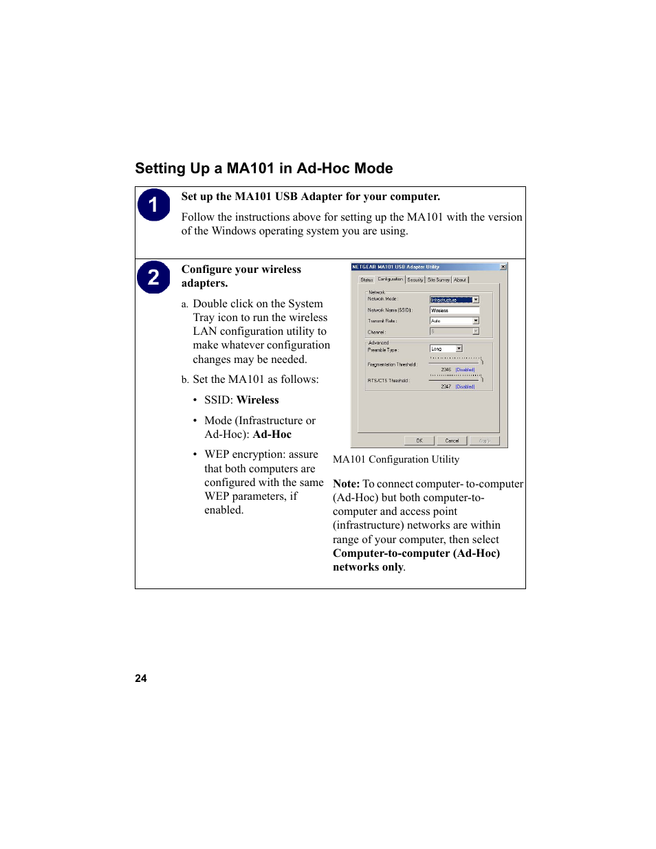 Setting up a ma101 in ad-hoc mode, B. set the ma101 as follows | NETGEAR MA101 User Manual | Page 30 / 67