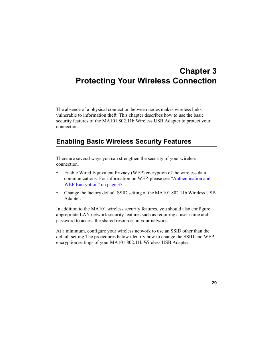 Chapter 3 protecting your wireless connection, Enabling basic wireless security features, Chapter 3 - protecting your wireless connection | NETGEAR MA101 User Manual | Page 35 / 67