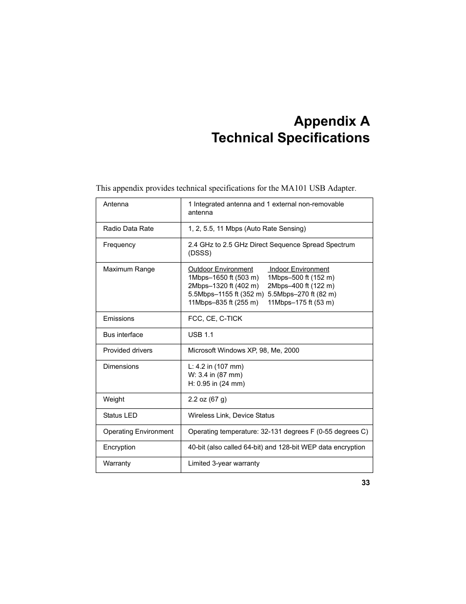 Appendix a technical specifications, Appendix a - technical specifications | NETGEAR MA101 User Manual | Page 39 / 67