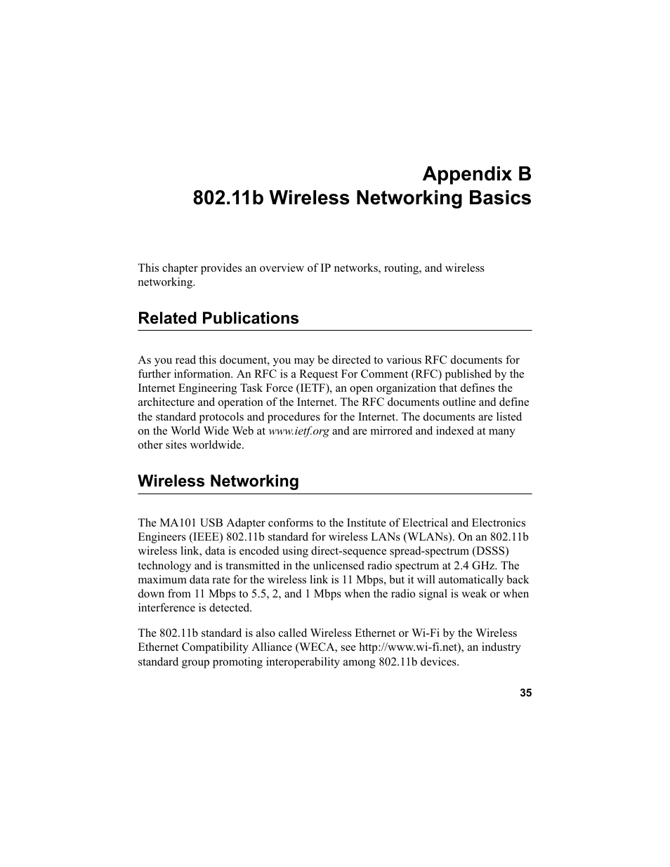 Appendix b 802.11b wireless networking basics, Related publications, Wireless networking | Appendix b - 802.11b wireless networking basics, Related publications wireless networking, Appendix b, 11b wireless networking basics | NETGEAR MA101 User Manual | Page 41 / 67