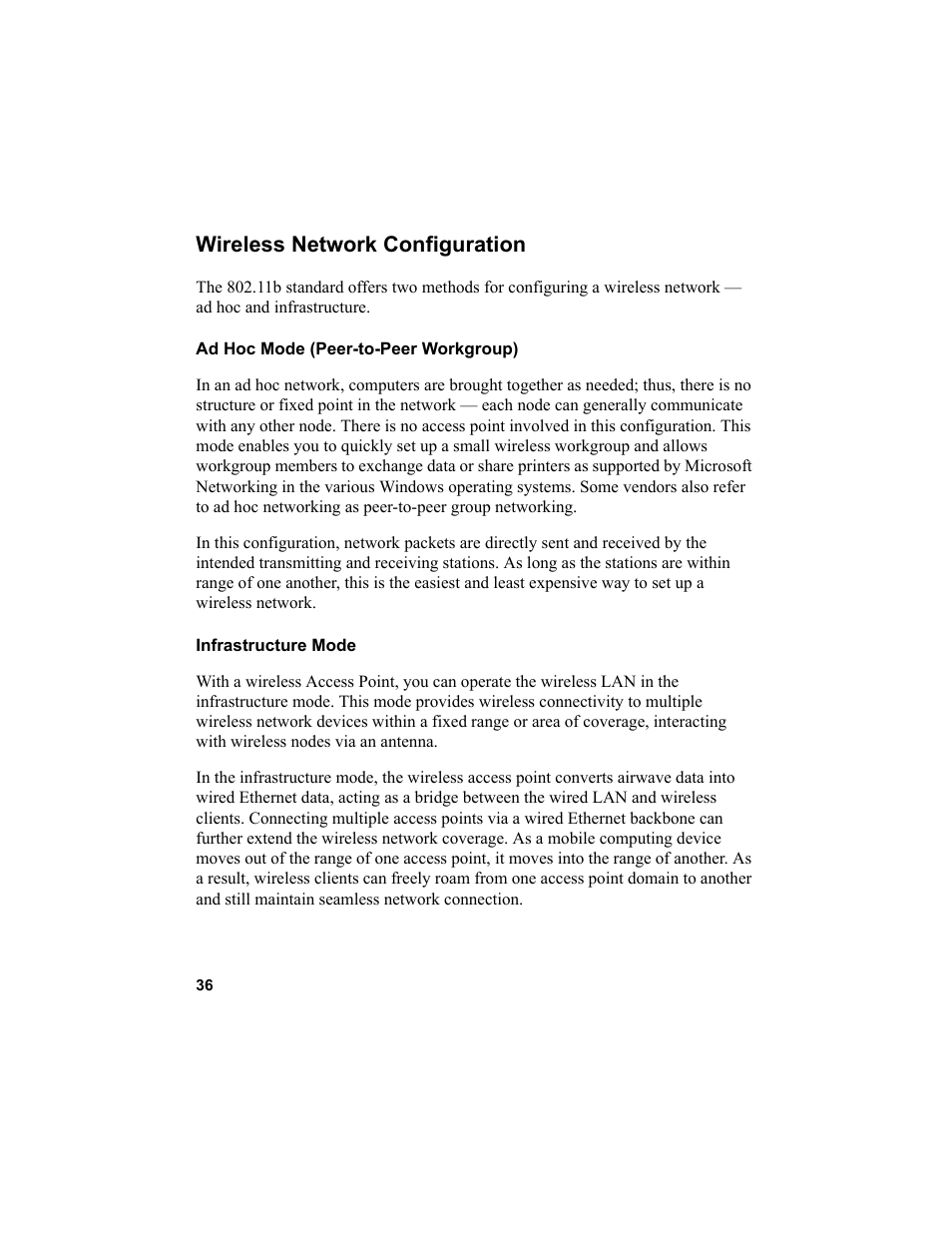 Wireless network configuration, Ad hoc mode (peer-to-peer workgroup), Infrastructure mode | NETGEAR MA101 User Manual | Page 42 / 67