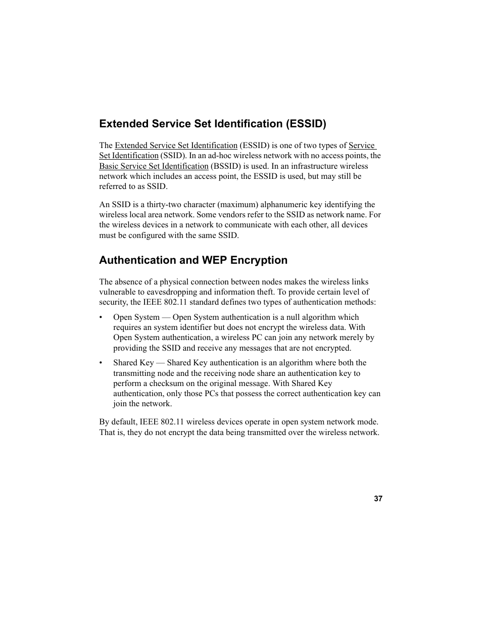 Extended service set identification (essid), Authentication and wep encryption, Authentication and | NETGEAR MA101 User Manual | Page 43 / 67