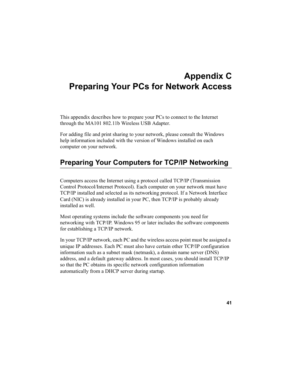 Appendix c preparing your pcs for network access, Preparing your computers for tcp/ip networking, Appendix c - preparing your pcs for network access | Appendix c, “preparing your pcs for network access | NETGEAR MA101 User Manual | Page 47 / 67