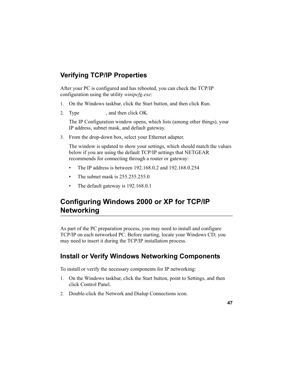 Verifying tcp/ip properties, Type winipcfg, and then click ok, Install or verify windows networking components | NETGEAR MA101 User Manual | Page 53 / 67